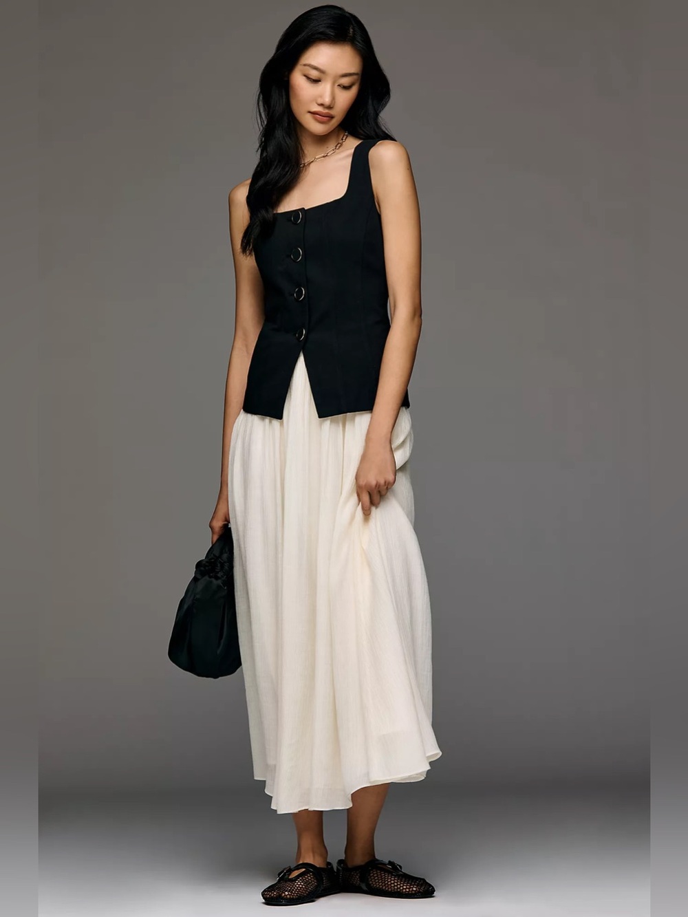 Moon River Square Neck Vest Twofer Maxi Dress Black Ivory Size M NWT